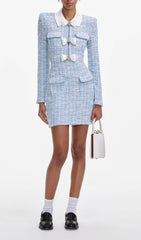 Chic Baby Blue Tweed-Inspired Mini Dress with Diamant Bows