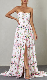 Romantic Floral Strapless Maxi Dress with High Slit