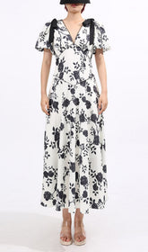 Filip Chic Black & White Floral V-Neck Midi Dress with Puff Sleeves