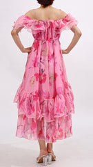 Effortless Chic Flora Pink Ruffle Floral Off-Shoulder Midi Dress
