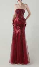Ikuye Radiant Red Strapless Sequin Mermaid Gown