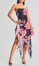 Vibrant Tropical Leaf Print Strapless High-Low Dress for Women