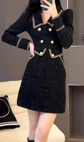 Campana Chic Black Tweed Mini Dress with Gold Chain & Button Accents