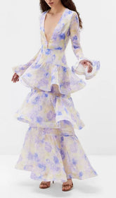 Enfys Blue Dreamy Floral Tiered Maxi Dress with Bell Sleeves