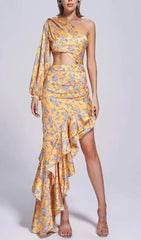 Vibrant Yellow Floral One Shoulder Cutout Ruffle Maxi Dress