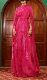 Hodaya Vibrant Pink Pleated Long Sleeve Maxi Dress