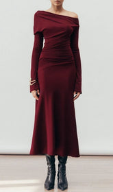 Gail Elegant Off-Shoulder Wine Midi Dress