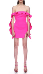 Glamorous Hot Pink Ruffled Off-Shoulder Bodycon Mini Bandage Dress