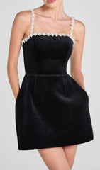 Deirdra Black Velvet Pearl Mini Dress