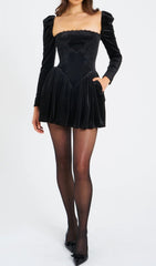 Carlyn Chic Black Velvet Puffed Sleeve Mini Dress