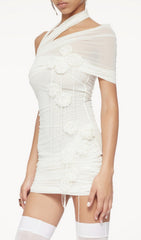 Elese White 3D Floral Ruched Mesh Halter Mini Dress