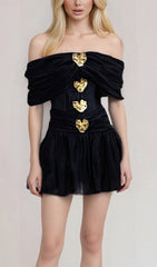 Eirwen Black Off-Shoulder Mini Dress with Ornate Gold Embellishments