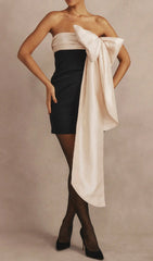 Glamorous Black & Ivory Strapless Mini Dress with Dramatic Bow Detail