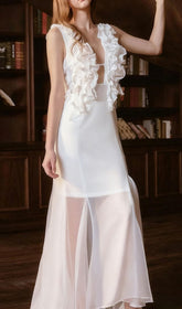 Harleigh White Ruffled Mesh Maxi Dress