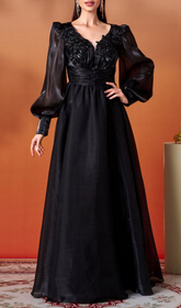 Gelilah Black Embellished Maxi Gown with Sheer Statement Sleeves