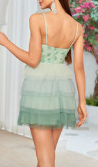 Stunning Haroun Green Floral Applique Tiered Mesh Mini Dress
