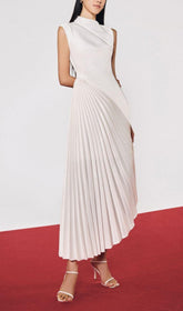 Elegant White Draped Neck Pleated Midi Dress