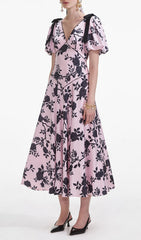 Filip Pink Floral V-Neck Midi Dress with Puff Sleeves & Tie Details