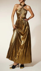 Frazilia Glam Gold Pleated Halter Cutout Maxi Dress