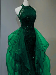 Vestido largo de fiesta con lentejuelas verdes y tul