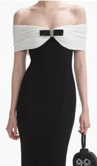 Brial Elegant Black Off-Shoulder Ribbed Fluted Midi Dress with Rhinestone Bow