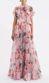 Eudoxia Blush Pink Floral Maxi Dress with Bow Neck & Statement Belt