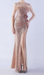 Chroma Dazzling Rose Gold Sequin Feather & Flower Maxi Gown with High Slit