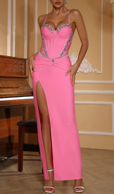 Evynne Pink Rhinestone Corset Bandage Maxi Dress