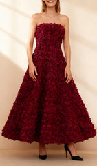 Ikuyo Wine Strapless Rose Midi Dress