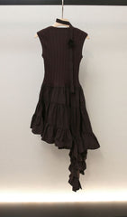Chic Huong Brown Asymmetrical Tiered Knit Midi Dress