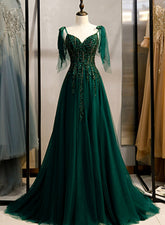 Vestidos formales de corte A con tirantes de tul y cuentas verde oscuro