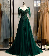 Vestidos formales de corte A con tirantes de tul y cuentas verde oscuro
