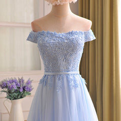 Elegant Light Blue Lace Applique Top Long Party Dress