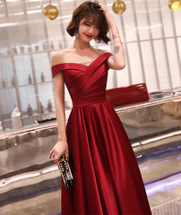 Dark Red Off Shoulder Satin Long Prom Dress
