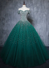Vestido de fiesta verde oscuro de tul con escote en forma de corazón y brillo