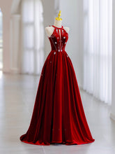Vestido de fiesta de terciopelo rojo con cuentas, corte A, largo hasta el suelo y cuello halter