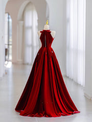 Vestido de fiesta de terciopelo rojo con cuentas, corte A, largo hasta el suelo y cuello halter