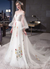 White Tulle Long Sleeves Lace Applique Long Party Dress