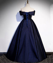 Navy Blue Satin Off Shoulder Long Prom Dress
