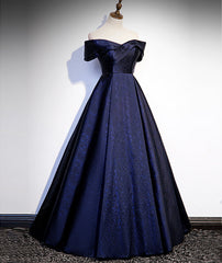 Navy Blue Satin Off Shoulder Long Prom Dress
