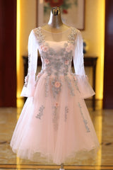 Adorable Pink Tulle Knee Length Long Sleeves Party Dress