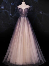 Charming Tulle Gradient Cap Sleeves Long Party Dress
