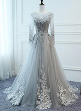 Light Grey Tulle Long Sleeves A-line Prom Dress