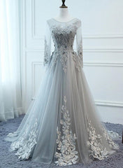 Light Grey Tulle Long Sleeves A-line Prom Dress