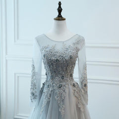 Light Grey Tulle Long Sleeves A-line Prom Dress
