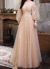 Champagne Puffy Sleeves Tulle Long Prom Dress