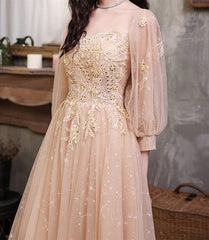 Champagne Puffy Sleeves Tulle Long Prom Dress