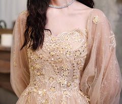 Champagne Puffy Sleeves Tulle Long Prom Dress