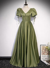 Vestido de fiesta de satén verde con mangas abullonadas y corte A