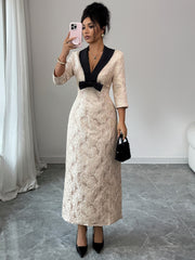 Elegant Blue Lace Long Sleeve Midi Dress with Statement Satin Bow